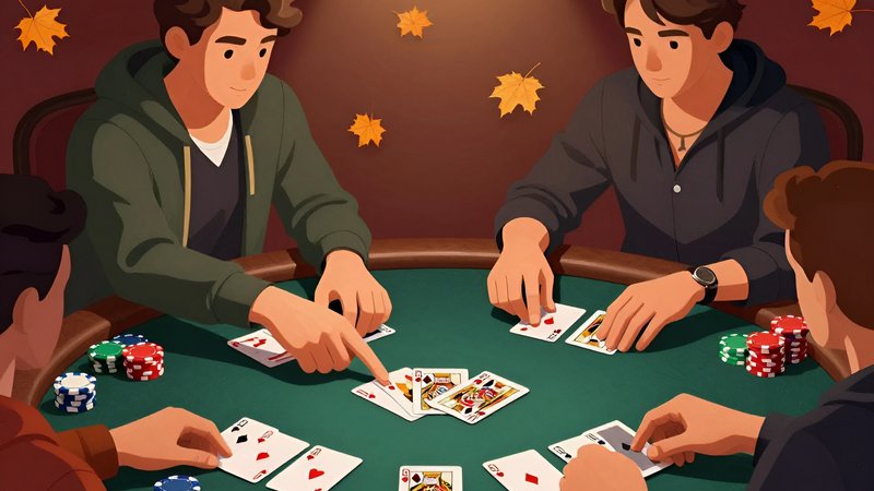 Игроки анализируют карты за столом, изучая разбор покерных комбинаций осенних турниров и стратегию