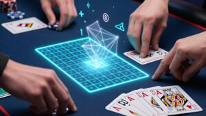 Руки игрока над картами с голографическими сетками, раскрывающие математику натсовых комбинаций в турнирах 2026